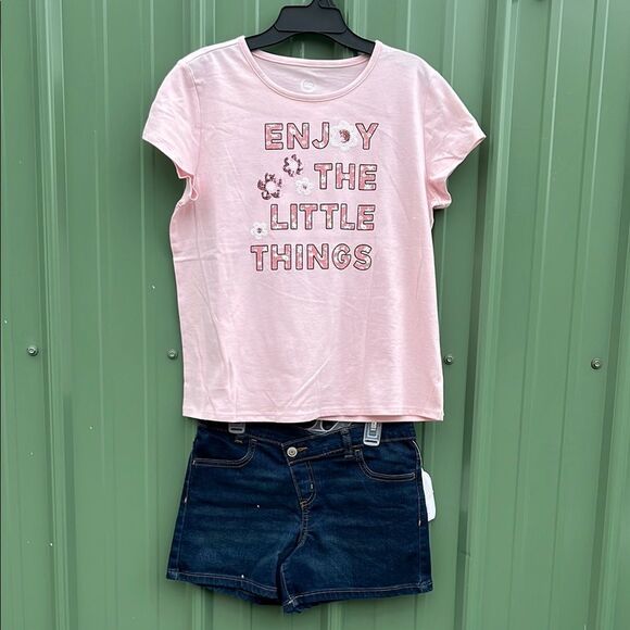 Girls Summer T-Shirt & Denim Shorts 2 Piece Set Size L - Picture 1 of 5